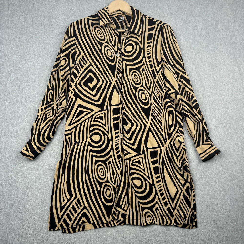 Tru Shirt Womens Size 12 Black Tan Abstract Geometric Tunic Button Up Artsy Boho